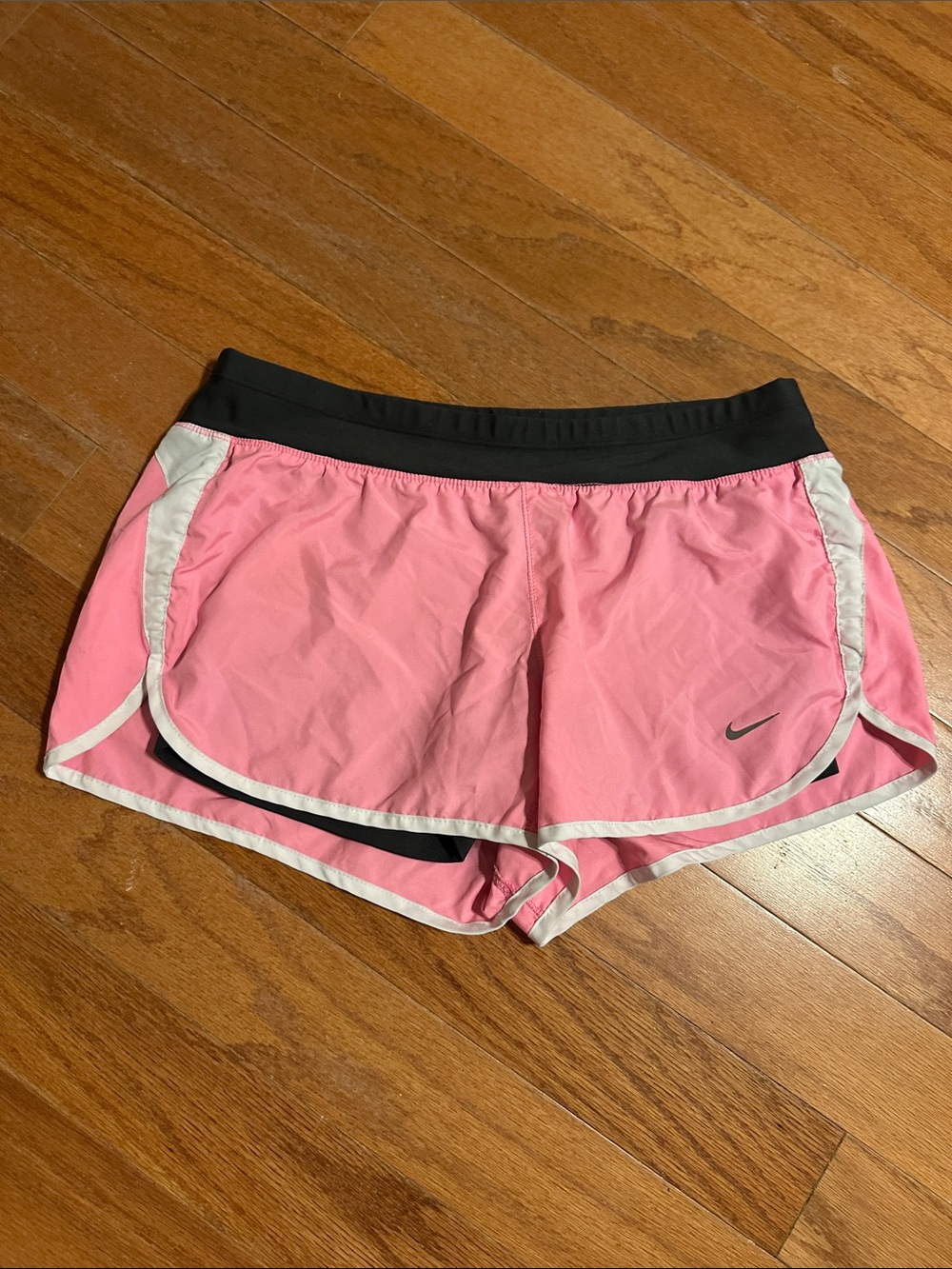 Nike Women’s Pink Athletic Shorts with Gray Waistband and White Trim